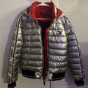Tommy Hilfiger Silver Puffer Jacket with Red Lining and Logo Tape